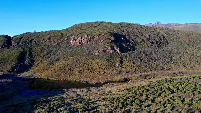 Aerial view of Lake Ellis, Mt Kenya, with its clear waters nestled among the rolling hills and sparse vegetation, Lake Ellis, Meru County, Kenya.