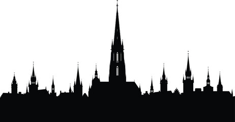 Naklejka premium Black silhouette of a historic city skyline featuring gothic cathedral spires and ancient church towers isolated on white background for travel and architecture concepts (24 words)