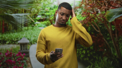 Fototapeta premium Black man in yellow sweater holds smartphone, frowns and rubs his temple while checking messages on a street garden path; confusion tech problem.