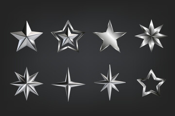 Fototapeta premium Silver 3D star. Leadership award metal white golden. Steel celebration decoration, shiny event sign. Realistic decorative shape icon. Element design. Winner rating quality. Vector symbol isolated set