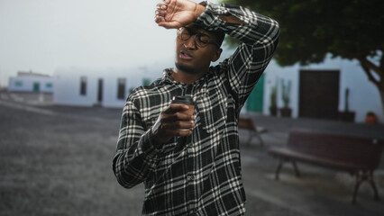 Black man in flannel shirt and glasses shielding his forearm over his eyes while holding a coffee cup on a street plaza with benches  fatigue heat. © Krakenimages.com