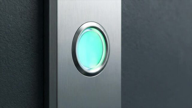 Finger pressing glowing button on metal panel, activating a touch sensor or security system. Interface interaction concept.