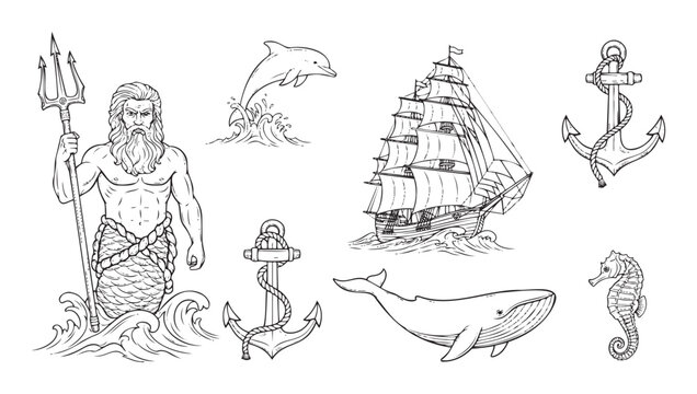 Classic marine and nautical themed line drawings including a mythological sea god, a sailing ship, a dolphin, a whale, a seahorse, and various anchors for ocean adventure concepts