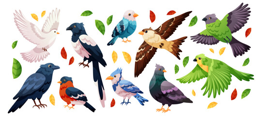 Obraz premium Cartoon birds fly. Animal character. Parrot feather, sparrow flying. Pigeon wing. Funny game with beak. Zoo spring, nature wildlife diversity seasonal vector comic garish isolated illustrations set