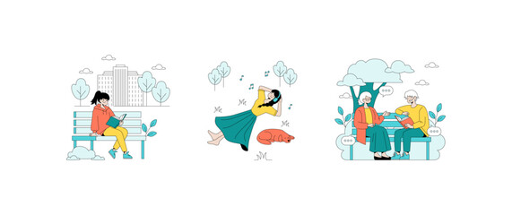 Obraz premium People Enjoy Outdoor Activities in Vector Illustration