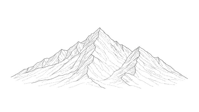 Majestic mountain range hand drawn in detailed line art style showcasing peaks and ridges against a white background for outdoor themes.