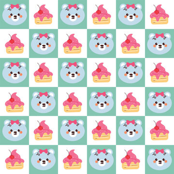 cute hand drawn cartoon bear with cake pattern. cute animal drawing in patchwork style wallpaper