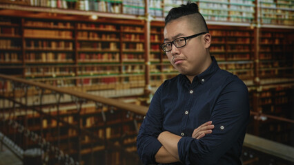 Man with arms crossed by tall wooden bookshelves in a library building, leaning on a railing and gazing at camera  confidence. © Krakenimages.com