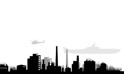 Obraz premium Urban industrial city skyline silhouette with military helicopter and warship in the background, depicting a harbor defense scene in a dramatic black and white vector illustration
