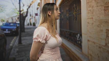 Woman in pink dress standing in profile with hands behind back beside an ornate iron gate on a narrow city street; contemplation.