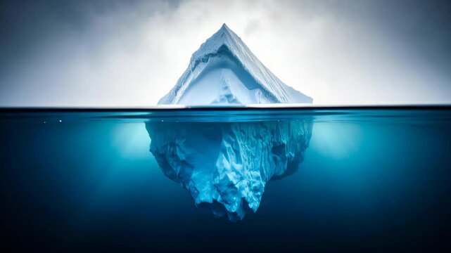 Majestic Iceberg Floating in Deep Blue Arctic Waters Showing Submerged Mass Beneath Surface