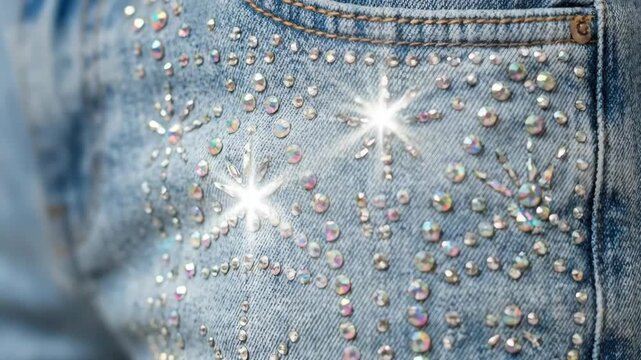 Close up of denim fabric with sparkly rhinestone embellishments arranged in star and scattered patterns, showcasing shimmering detail
