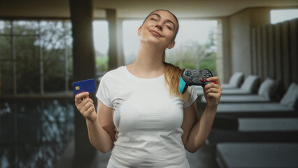 Woman holding turquoise and black gamepad in one hand and blue credit card in the other, smiling with eyes closed in a building lounge interior  playful joy. © Krakenimages.com