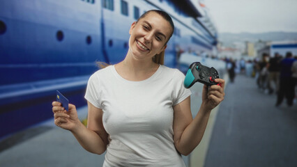 Woman holding turquoise gamepad and blue creditcard, hands visible, smiling at camera on street near a cruise ship terminal  travel joy leisure. © Krakenimages.com