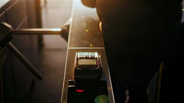 Caucasian commuter tapping smartphone at turnstile, golden backlight, contactless payment animation above terminal, quick urban commute, jacketed traveler, efficient gate access, morning rush energy