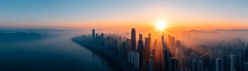 Fototapeta premium sustainable finance, ESG investment, environmental finance, impact investing, climate finance, Stunning Sunrise Over Modern City Skyline with Fog and Light Rays