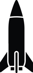 A black rocketshaped silhouette upright with fins and a pointed top is set against a white background