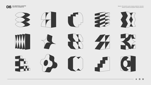 Modern 3D isometric vector shapes collection, futuristic abstract symbols and graphic design elements.