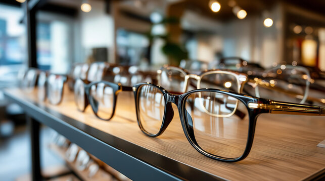 Close-up of a well-organized shelf displaying a wide variety of eyeglass frames in a professional optometrist office, defocused background, optical retail concept, eyewear