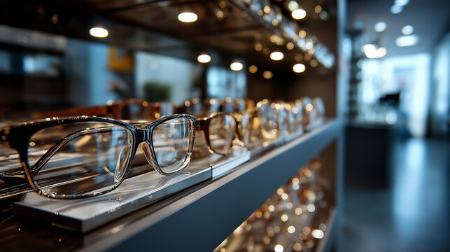 Close-up of a well-organized shelf displaying a wide variety of eyeglass frames in a professional optometrist office, defocused background, optical retail concept, eyewear
