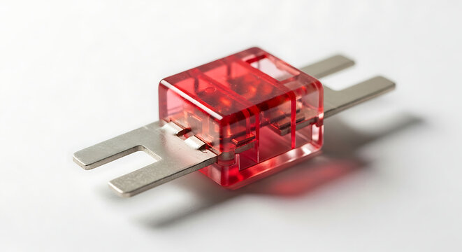 Red translucent electrical fuse with metal terminals on a white background, close-up shot