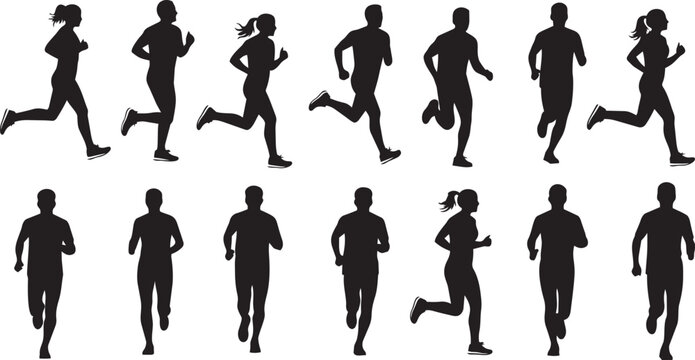 Running people silhouette set men women jogging runners fitness workout sport activity training marathon athlete illustration collection.