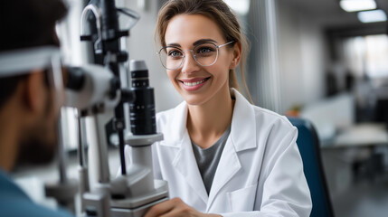 Faceless female optometrist assisting a patient with an eye exam and prescription test in a professional optometry setting, defocused clinic background, vision care concept, eye
