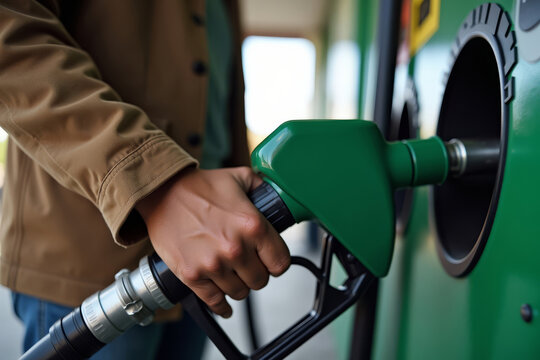 Holding Fuel Nozzle Close Up. Gas Station Everyday Refueling. Neutral Expression At Pump