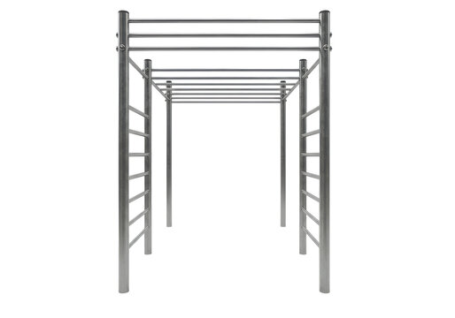Metallic outdoor fitness structure with parallel bars set against a clear sky backdrop isolated on white background