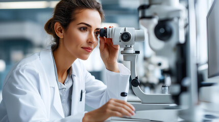 Fototapeta premium Faceless female ophthalmologist conducting a professional eye examination in a bright modern clinic setting, defocused equipment background, eye health concept, vision