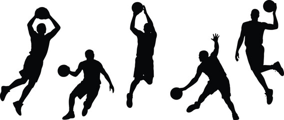 Basketball player silhouettes, dynamic action poses, dribbling, dunking, shooting, sports illustration, athletic movement, competitive game, white background design © Taibur