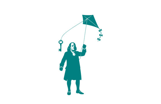 Benjamin Franklin with Kite and Key Silhouette, American History Vector Sticker, Inventor and Founding Father STEM Icon