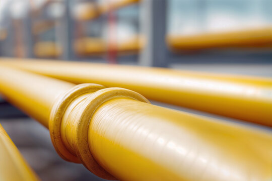 Industrial Gas Piping Network with Yellow Pipes in Focus &ndash; Efficient Energy