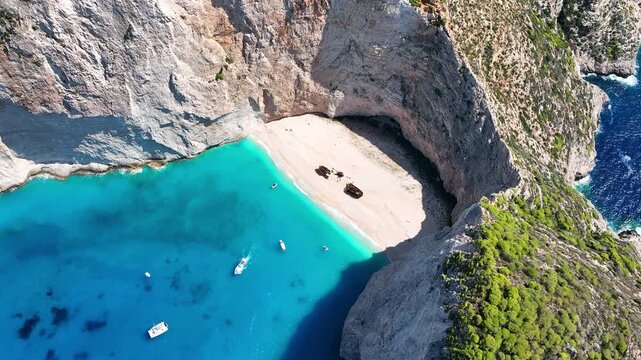 Aerial view of Navagio Beach or Shipwreck Beach. Zakynthos, Greece