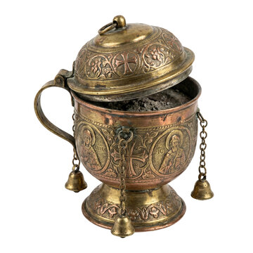 Antique brass Orthodox censer with ornate engravings and icons