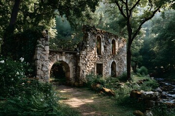 Ruin of an old stone building wrapped in nature ideal for history or restoration promos