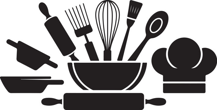 Black silhouette kitchen utensils and baking tools