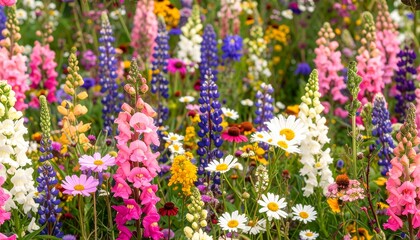 Obraz premium Vibrant spring flower meadow with colorful blooms in natural sunlight