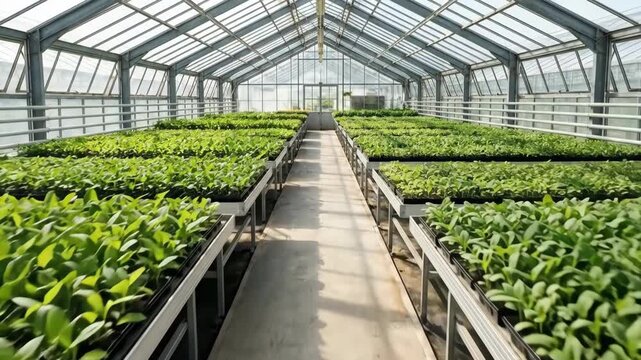 Rows of green plant seedlings growing in a large glass greenhouse. Concept of sustainable agriculture, horticulture, and commercial plant cultivation