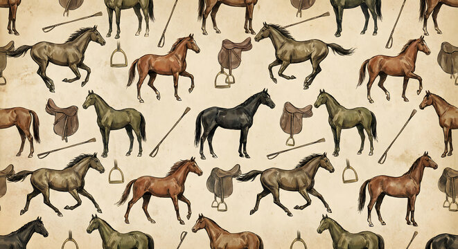 Vintage seamless pattern with hand-drawn horses and equestrian equipment. Classic illustration featuring saddles, stirrups, and riding crops on an aged parchment background for textile design.