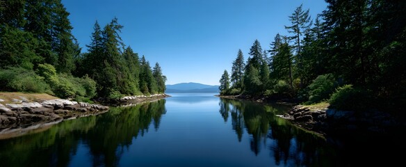 Obraz premium The overlooks reveal calm water encircled by trees.