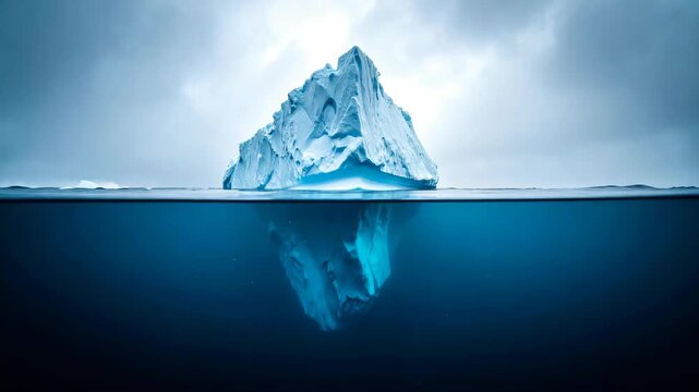 Large iceberg floating in deep blue arctic ocean with a split view showing the underwater section and surface ice