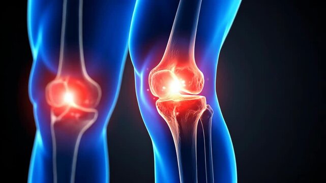 3D medical illustration of human knee joints with glowing red inflammation indicating chronic pain and arthritis