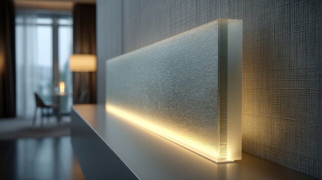 Long illuminated glass panel with subtle ambient lighting on a modern shelf