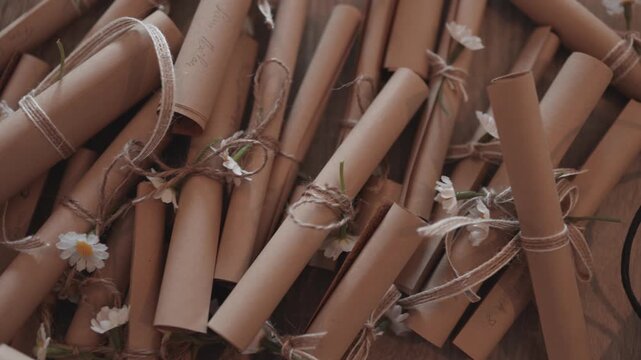 Letters to give to guests after the wedding. Letters written by bride and groom for guests. Video. Letters in scroll form. A pile of letters.