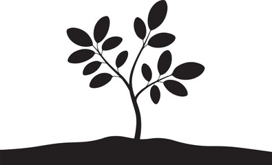 Black silhouette of a small tree with oval leaves on a mound