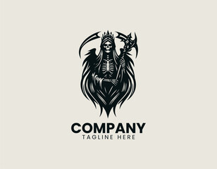 Fototapeta premium Dark queen character with skull crown and scythe is presented as bold monochrome vector logo on clean white background