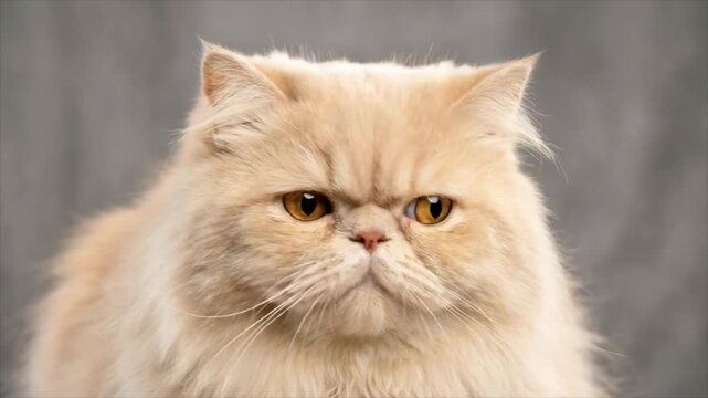 Fluffy persian cat with an angry face expression. Headshot of an exotic breed looking directly at the camera with a neutral background.