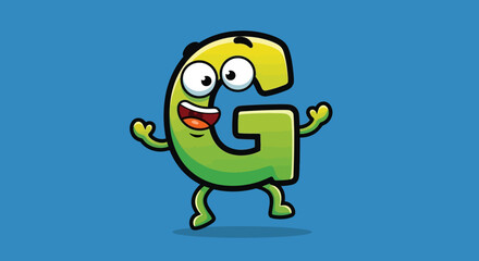 Obraz premium Smiling 'e' waves on toes, green body, blue background, cute bright cartoon