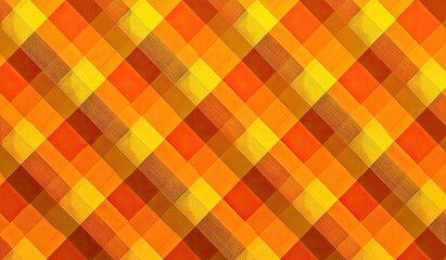 Colorful, geometric diagonal plaid pattern in warm orange, yellow, and brown hues